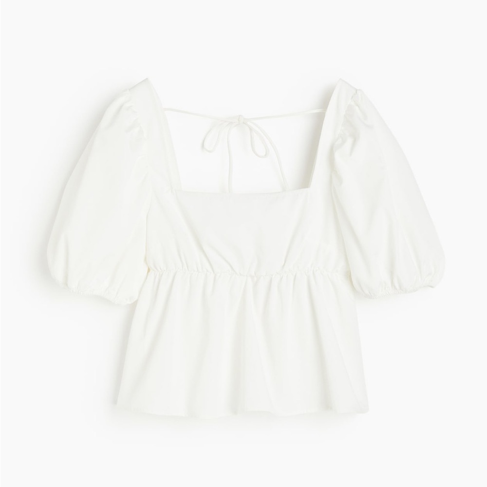 H&M Tie Detail Puff-Sleeved Peplum Blouse. White. Size: Large.